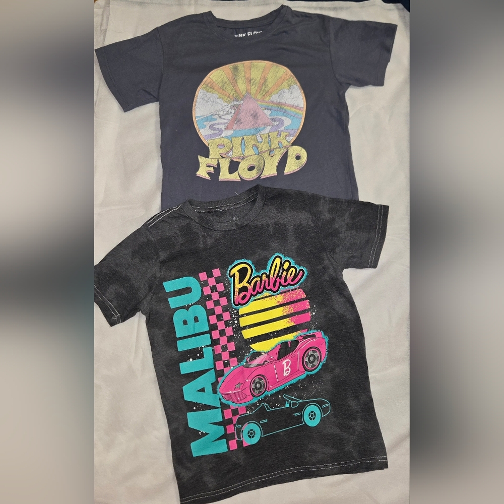 Barbie Black and Pink Short Sleeve Tee. Pink Floyd Grey Band Tee.